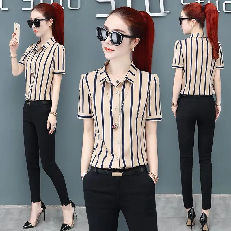 Модные женские весенние Летние Стильные женские блузки рубашки Повседневная Офисная Рабочая одежда OL с коротким рукавом полосатые Блузы Топы DF2699