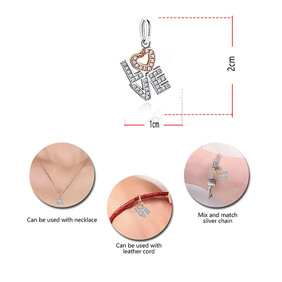 Love Letters Dangle Charm Fit Silver 925 Original Bracelet Rose Gold Crystal Heart Beads for Jewelry Making | Украшения и