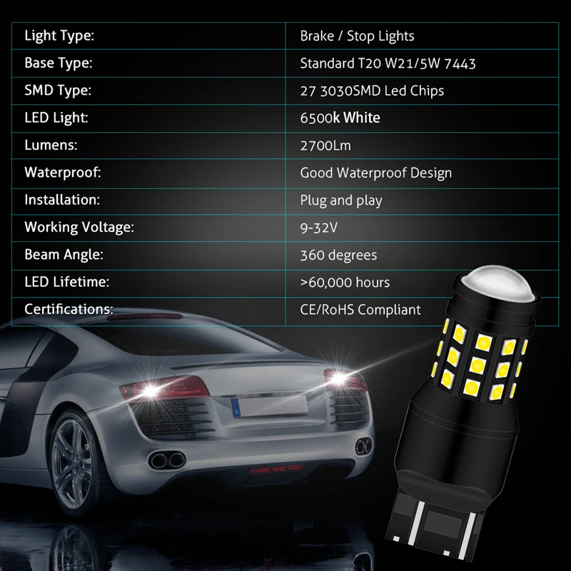 Katur 2 шт. 7443 w27/5 Вт Светодиодная лампа T20 два контакта 3030 SMD 6000K белая светильник ная