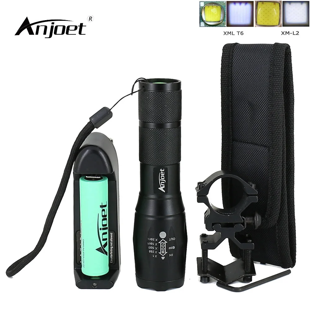 

ANJOET A100 Zoom Flashlight LED XM-L2 XML T6 hunting Torch Light + 18650 Battery + Charger + Leather Case + Gun Mount