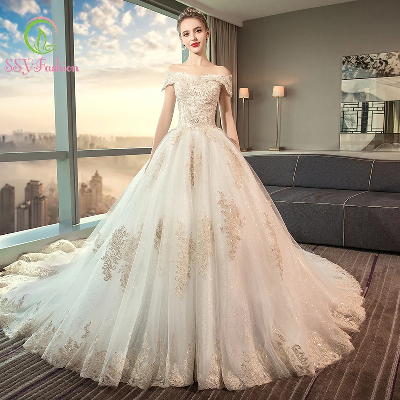 Женское свадебное платье со шлейфом SSYfashion роскошное до пола с открытыми плечами