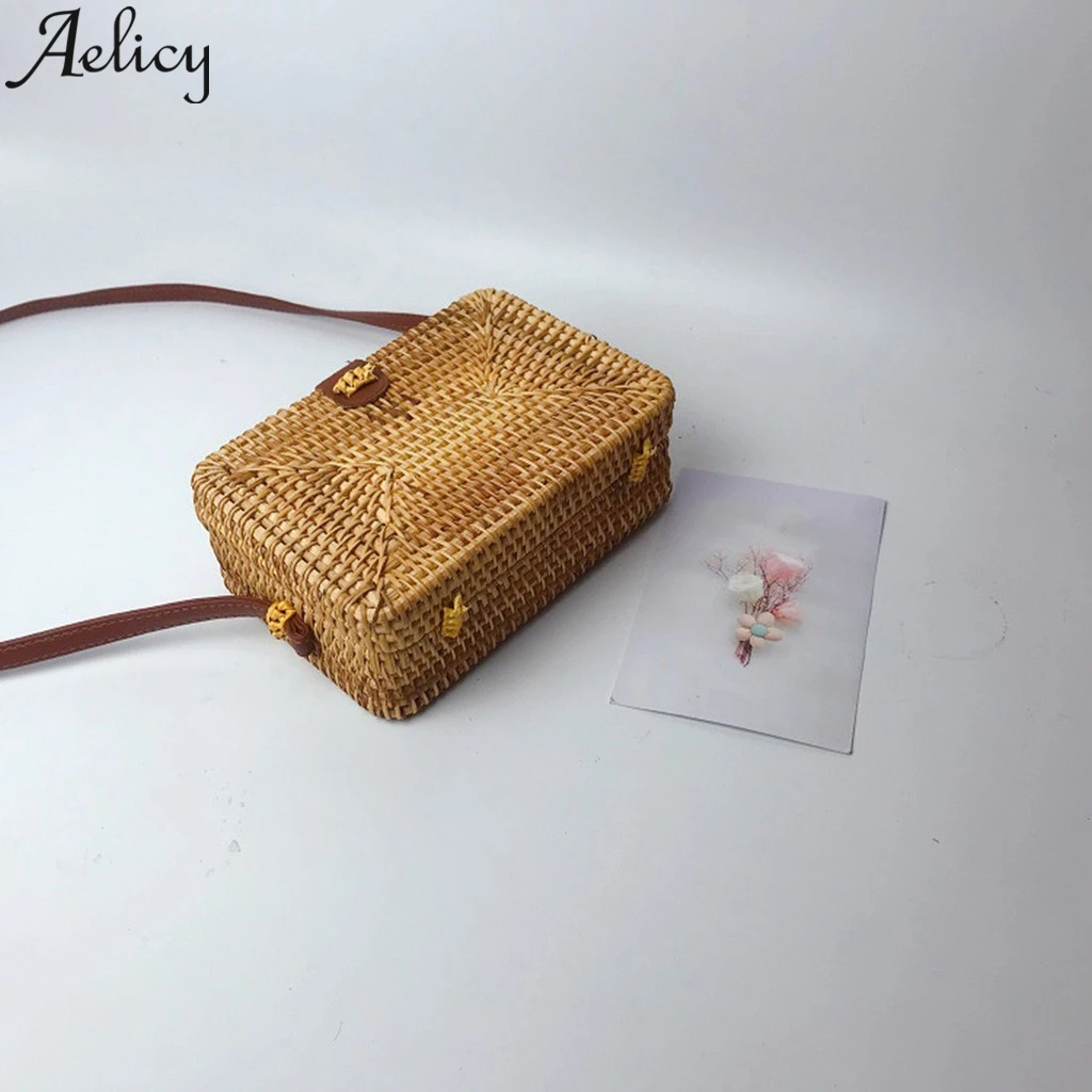 Aelicy/Модная женская круглая тканая БАЛИЙСКАЯ прямоугольная Ретро ротанговая Соломенная пляжная сумка через плечо, сумка-мессенджер