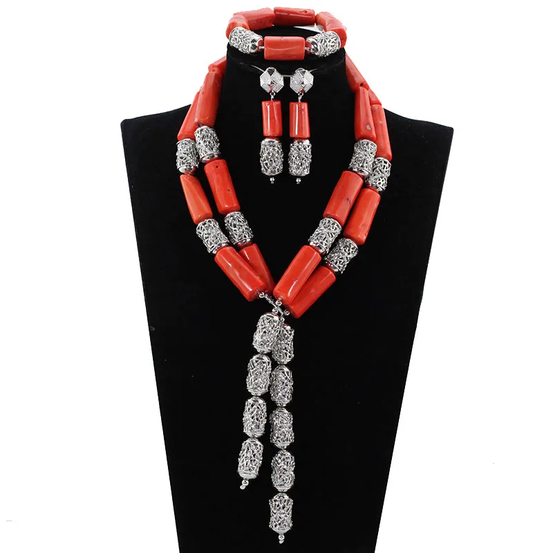 

Реальный яркий набор, новый нигерийский Свадебный комплект ювелирных изделий из коралловых бусин, серебряные ювелирные изделия, аксессуары, Свадебный комплект ожерелья ABH598
