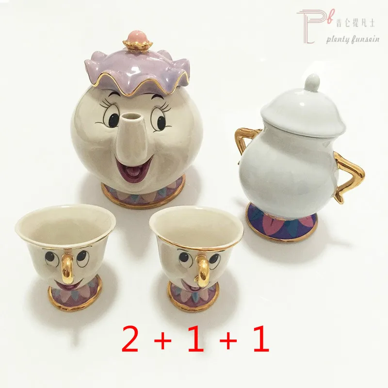2 cups 1 jar 1 pot Горячая Распродажа, мультяшный чайный сервиз Красавица и чудовище, чайный сервиз, чашка кувшин, Mrs Potts, чип, кружка, чайник, молоко, кофе, сахар, Рождественский подарок на день рождения - Цвет: 2 cups 1 jar 1 pot