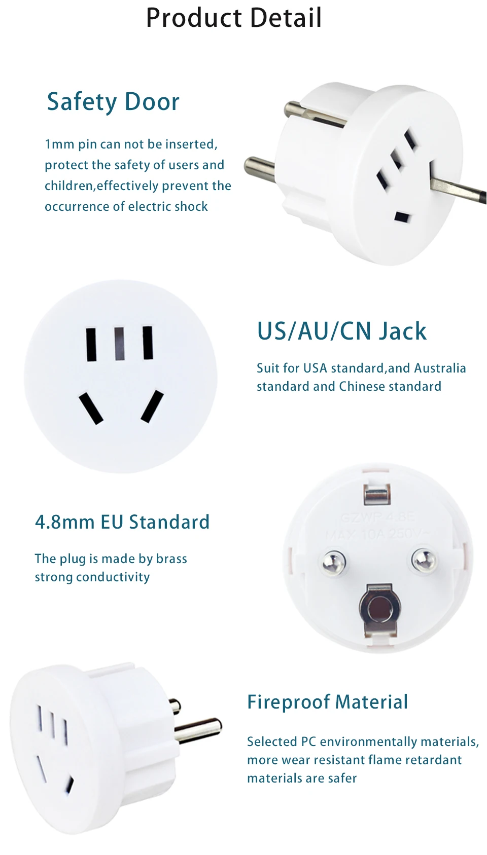AUKTION Universal EU Plug Adapter Euro Converter US AU CN To EU Plug Wall Charger Travel Adapter 2 Round Pin AC 10A 100V-250V