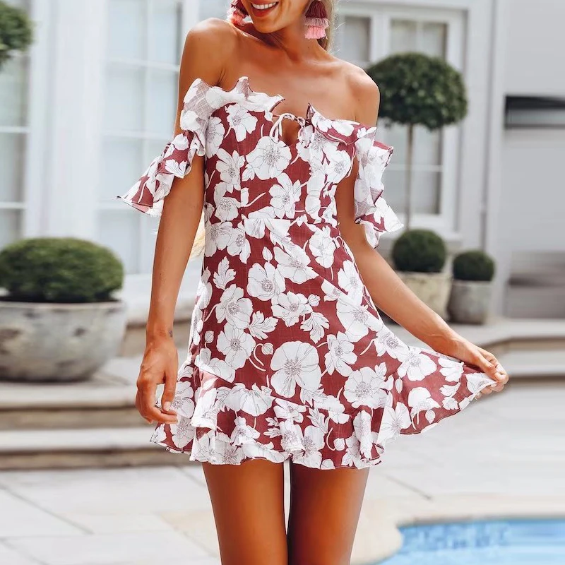 Летнее платье Timechee Для женщин сладкий печати оборками Slash шеи короткий рукав Fit and