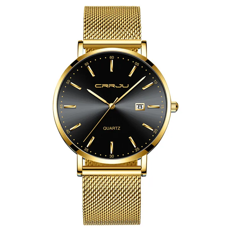 Gold Black CRRJU модные розовые Золотые женские часы Стильные Простые унисекс из нержавеющей стали с сеткой кварцевые наручные часы женские водонепроницаемые часы - Цвет: Gold Black