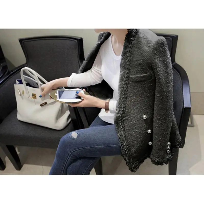 2019 Femme Warm Tweed Jacket Elegant Overcoat Brand Lady Winter Pearls Tassels Woolen Coat Women Vintage Casaco | Женская одежда