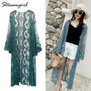 Женский кружевной кардиган с длинным рукавом, зеленого цвета