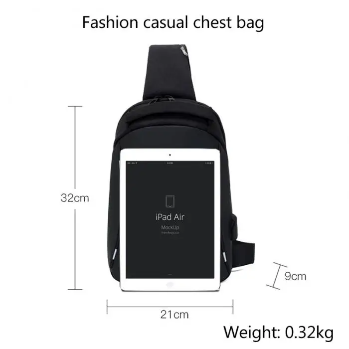 Men’s Simple Casual Style Outdoor Sports Shoulder Bags Multifunction Large Capacity USB Charging Waterproof Chest Bag