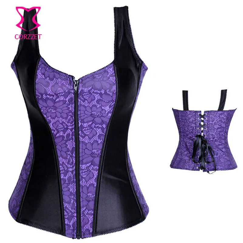 Черный/фиолетовый цветочный узор молния готика Overbust корсет с ремнями Corpetes E