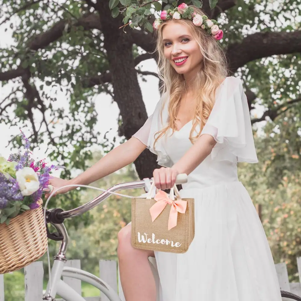 Ручная работа джутовая Сумочка с бантом свадебная Сумка-тоут верхней ручкой для