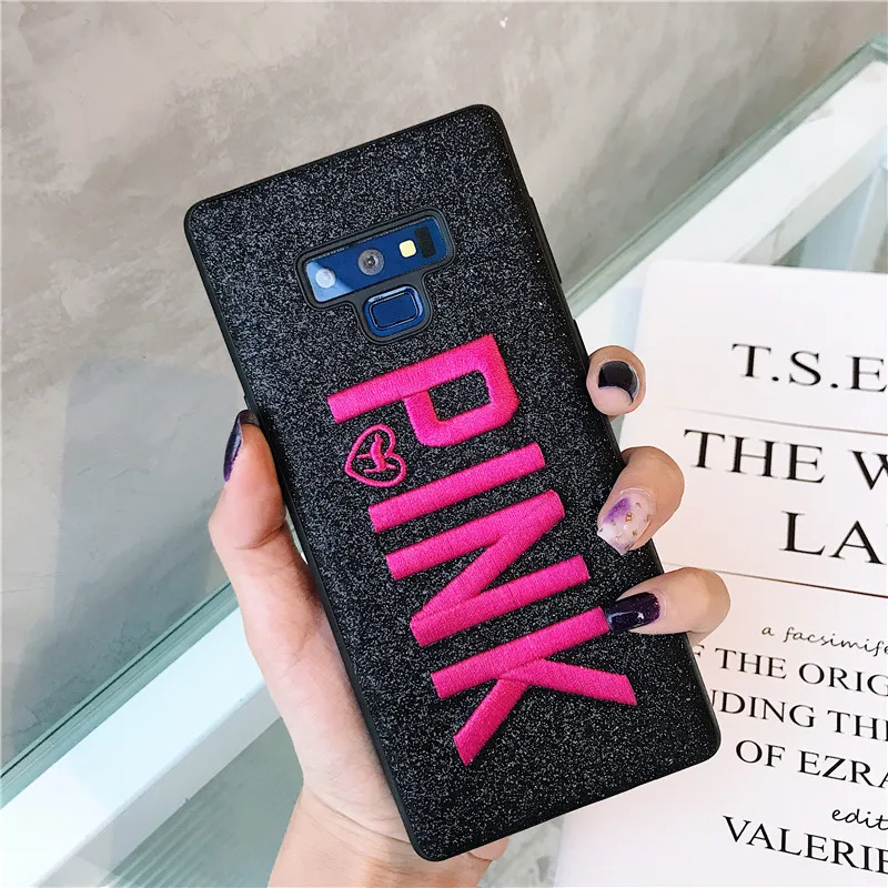 hot Luxury PINK Brand Glitter Embroidery Leather Fashion Hot Cute Pink Case for Samsung Galaxy S8 S9 Plus note 9 Phone cases |