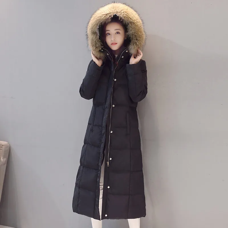 Real Raccoon Fur White Duck Down Coat Winter Jacket Women Long Warm Solid Color Hooded Parka Plus Size Snow Outwear Okb167