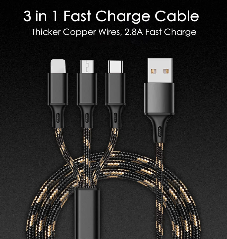 USB кабель 5V 2.8A 3 в 1 быстрая зарядка ткань Braide type C кабель зарядного устройства микро-usb черный золотой провод шнур для iPhone iPad кабель