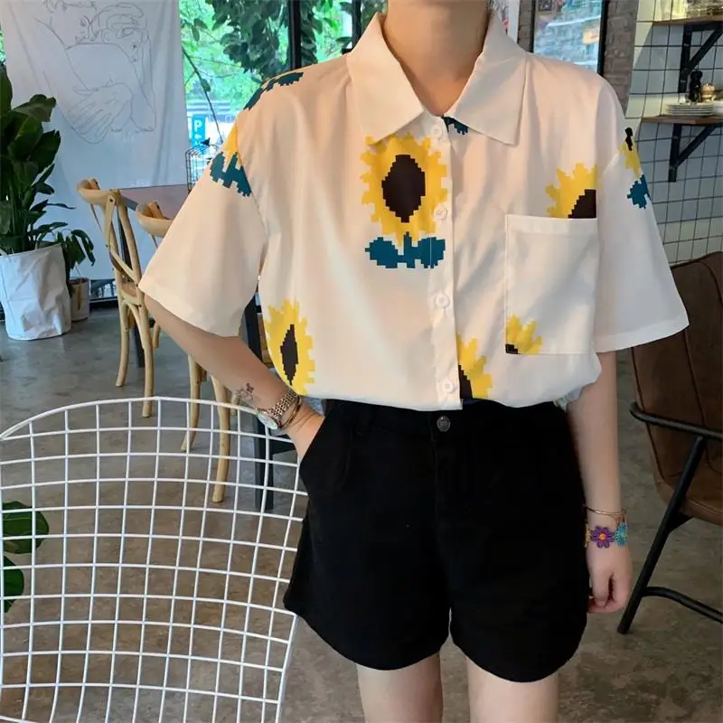 Новая женская летняя рубашка с принтом подсолнуха Свободный Топ коротким