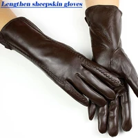 sheepskin gloves womens mid length striped style velvet lining autumn and winter warmth ladies brown leather finger gloves