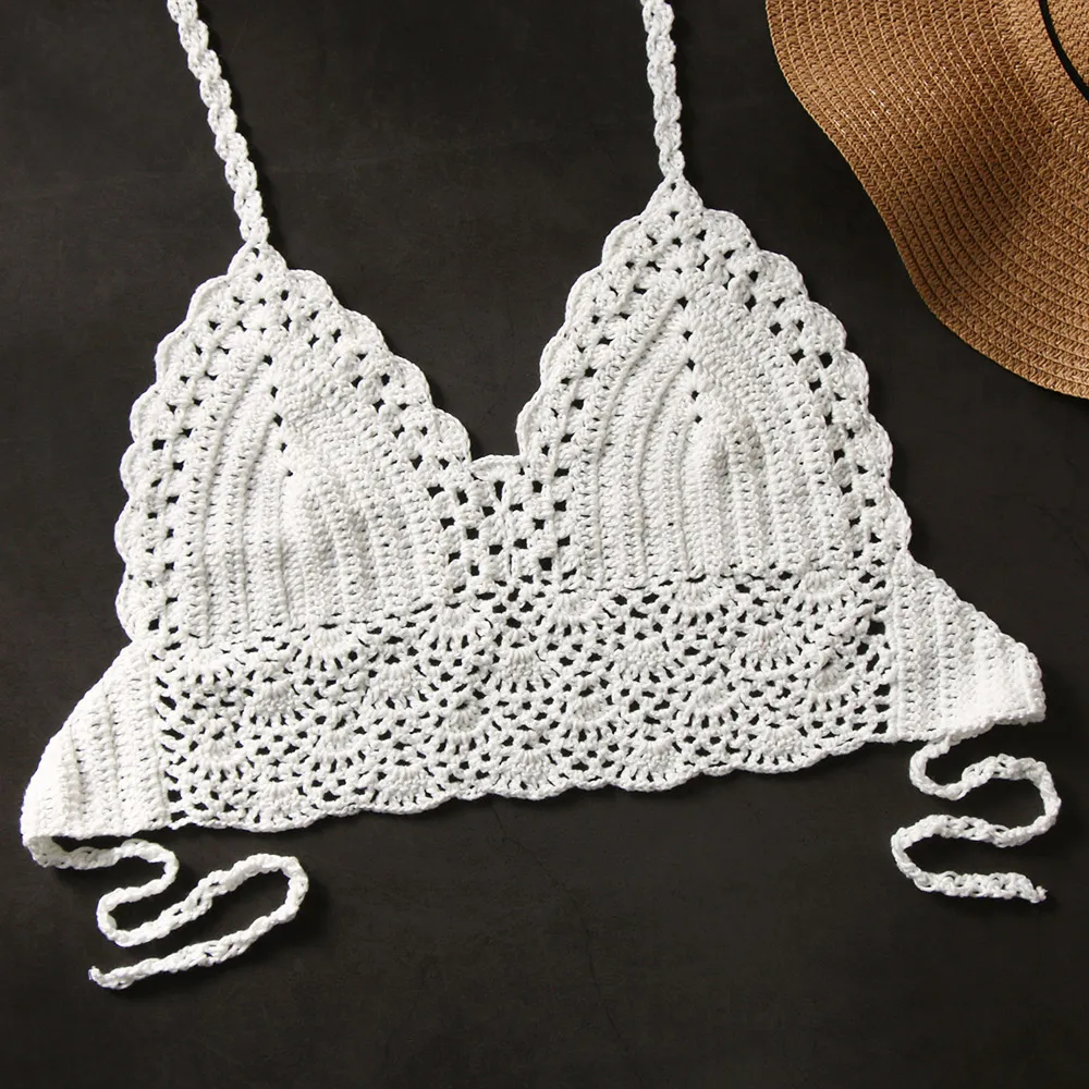 Сексуальный бикини укороченный Топ для женщин крючком Boho пляжные кофточки бикини бюстье Холтер Cami трикотажный бюстгальтер открытая спина пляжная майка