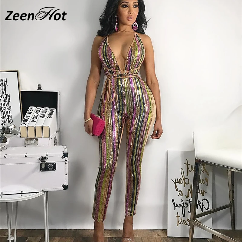 Женский комбинезон с глубоким v-образным вырезом и блестками сексуальный