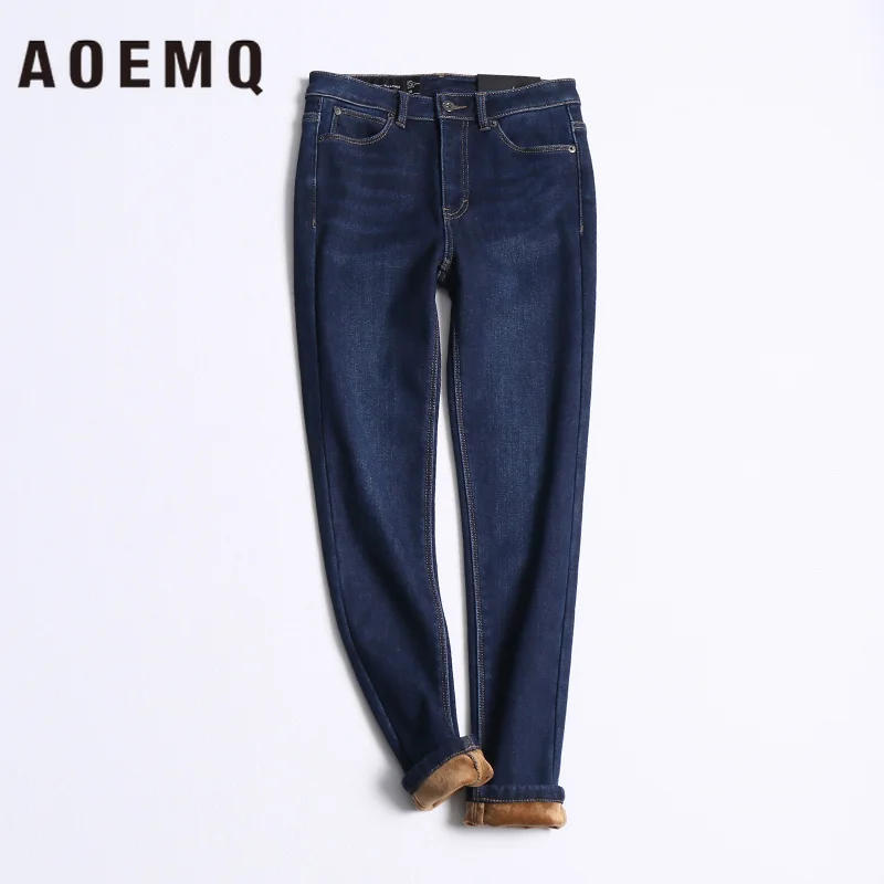 AOEMQ Joker Body Inside Plus Velvet Fine Plush Warm Thick Cotton Stretch Thin High Waist Tight Denim Pants Woman |