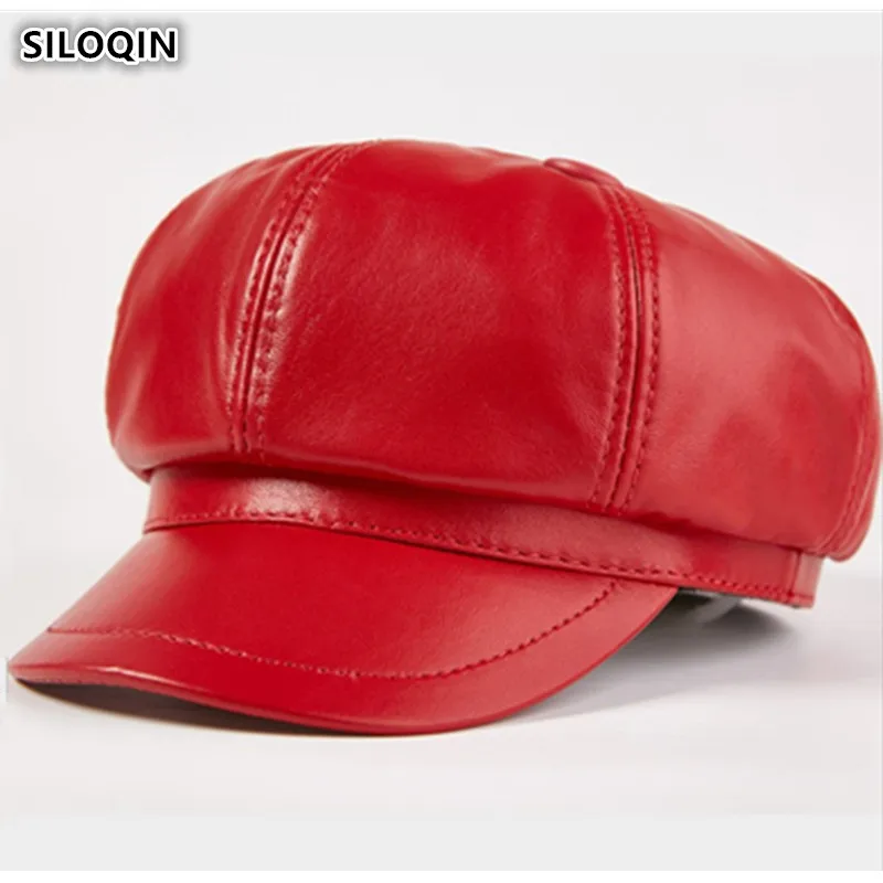SILOQIN, элегантные женские шапки из натуральной кожи, женские шапки из овечьей кожи, кепка Newsboy, новая осенняя простая модная шапка для молодых женщин
