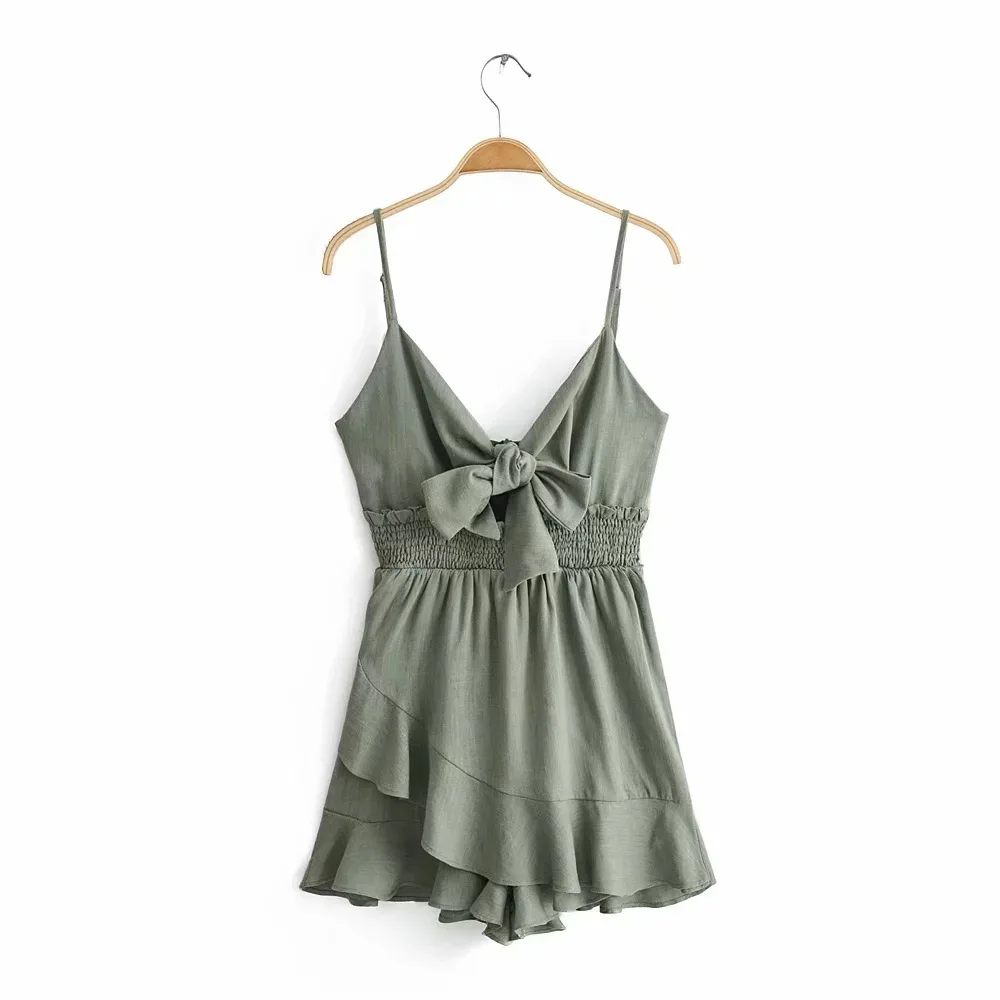 

2019 Summer Bodysuit Women Romper Holiday Casual Irregular Scallop Bow Mini Playsuit Backless Deep V Ladies Jumpsuit Dyed Green