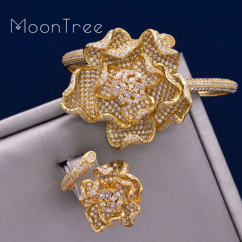 Gold Color MoonTree, модный роскошный цветок, роскошные стразы, наборы свадебных ювелирных изделий, три цвета, слой, медная оплетка, форма кольца, браслет, набор - Окраска металла: Gold Color
