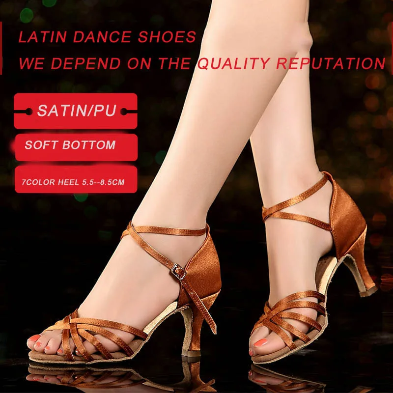 Women Latin Dance Shoes Mid Heel Cowhide Soft Bottom Black Satin Sports Shoe Latin Indoor Dedicated Factory Cheap Wholesale Hot