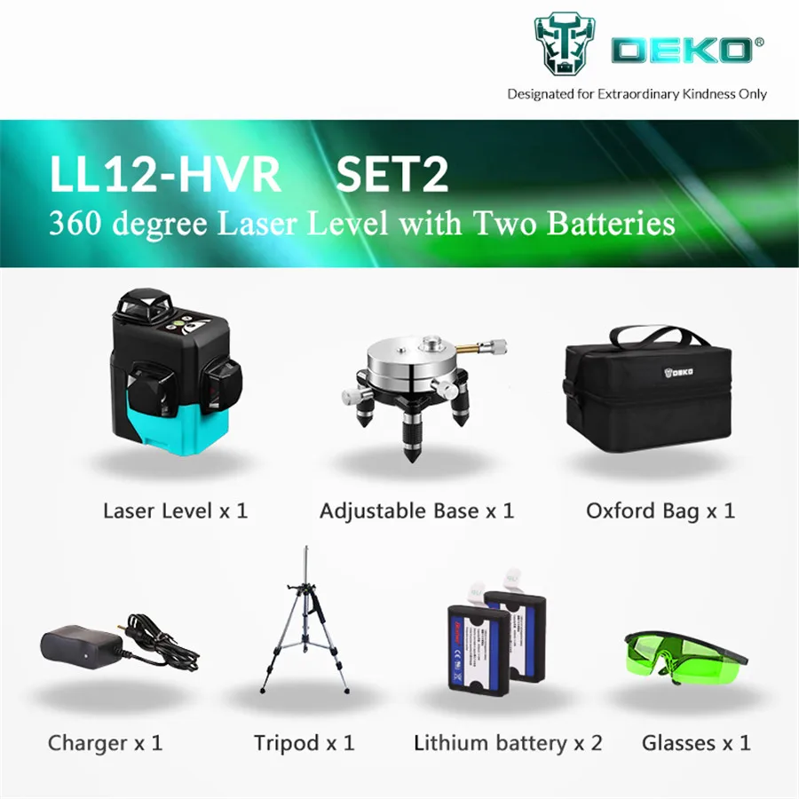 Green Laser Set 2 DEKO LL12-HVG, 12 линий, 360 градусов, вращающийся 3D зеленый лазерный уровень, наклон, косая линия, доступен автоматический лазерный уровень, зеленая поперечная линия - Цвет: Green Laser Set 2