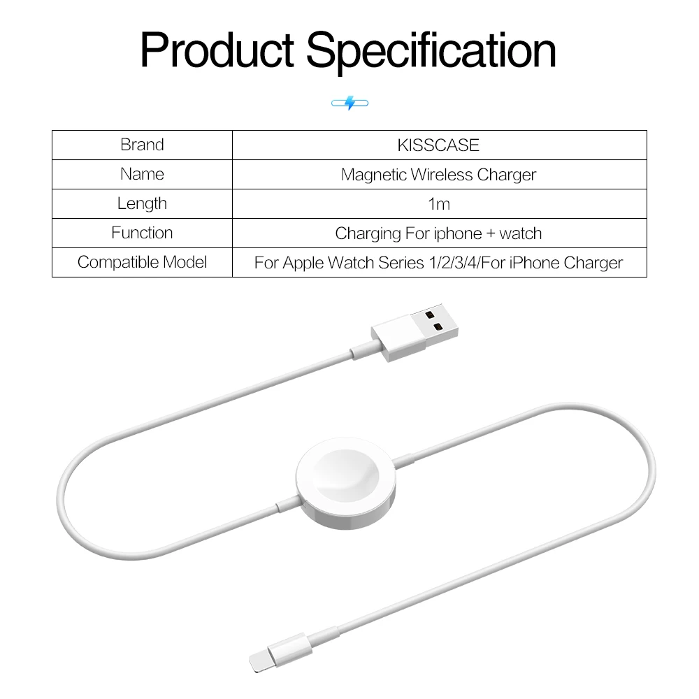 KISSCASE 2 в 1 беспроводной зарядный кабель для iPhone 7 8 Plus X XS MAX XR быстрой зарядки Apple iWatch