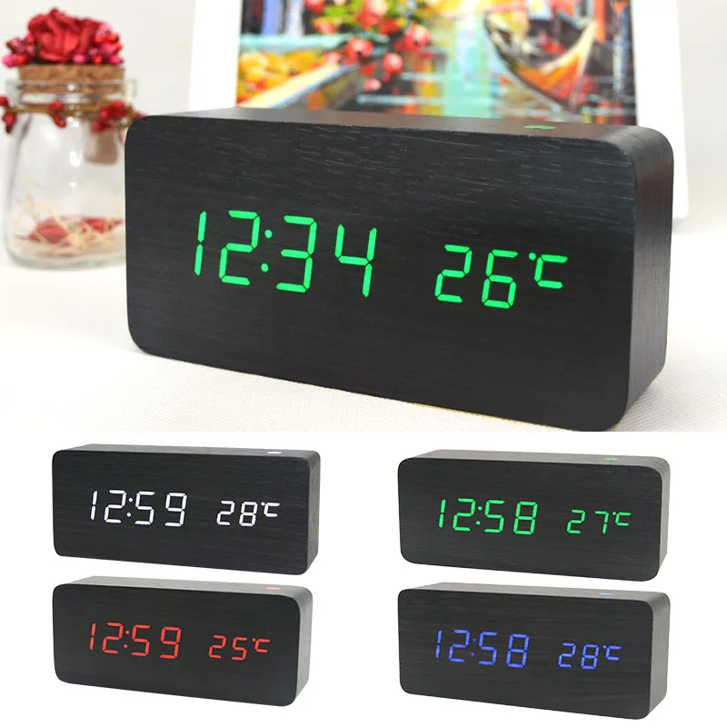 

Wooden LED Alarm Clock with modern Style Temperature Sounds Control Calendar LED Display Electronic Desktop Digital Table Clocks
