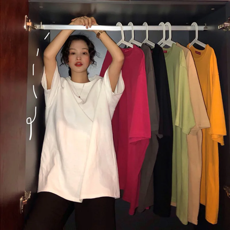 

2021 Spring Summer Casual T-shirt Women Tops Korean Style Clothing Ulzzang Harajuku Solid Short Sleeve Loose T-shirts Female Tee