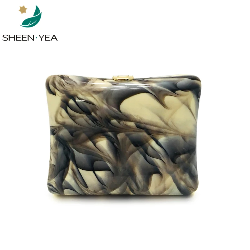Brand designer acrylic evening bag vintage marble pattern clutch purse cute Elliptic hasp chains handbag mini wedding party prom