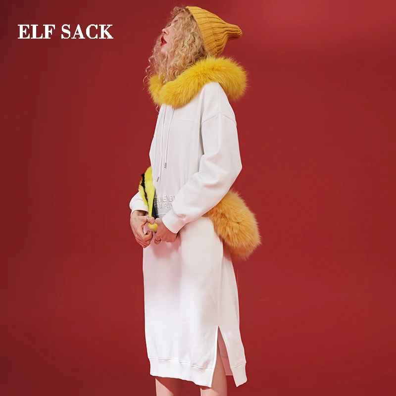ELFSACK, белые повседневные толстовки с меховым воротником, женское платье-Толстовка, Осень-зима, плотные женские длинные платья