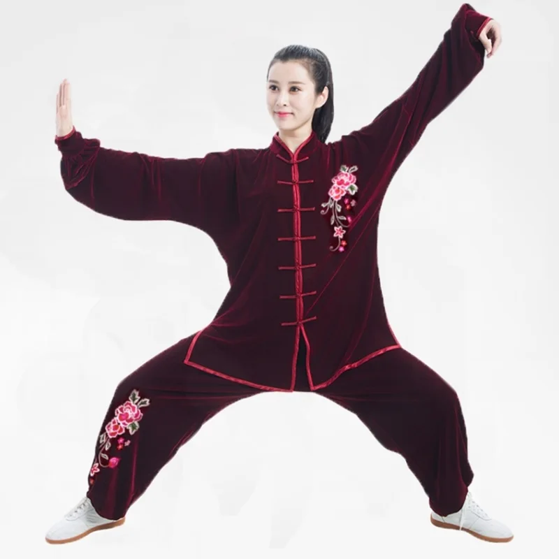 purplish red Tai Chi одежда осень зима велюр ушу Брюс Ли Костюм Крыло Chun традиционная китайская одежда кунг-фу наряд TA1256 - Цвет: purplish red