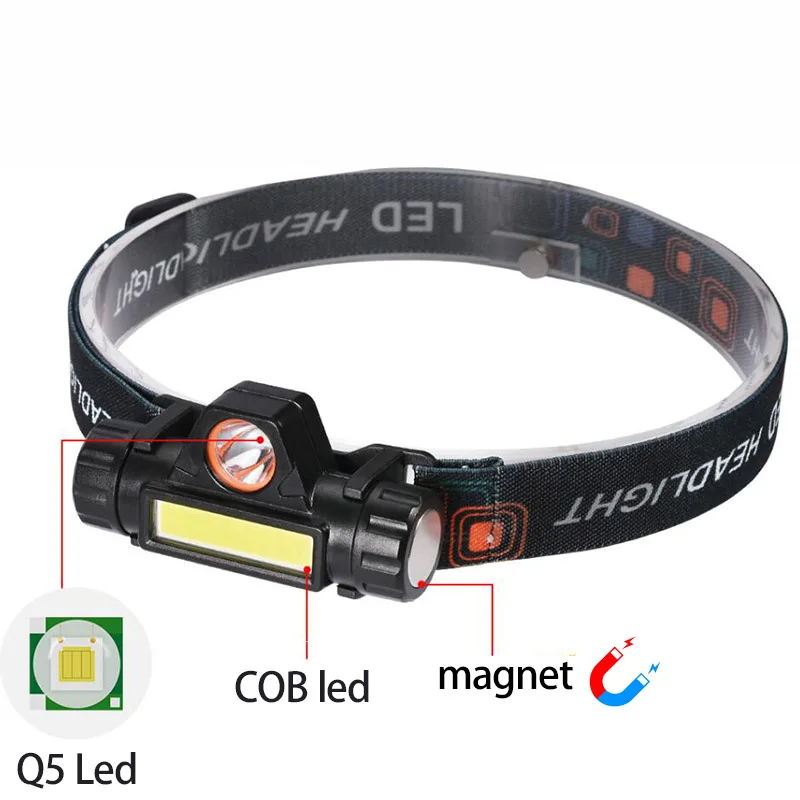 USB порт перезаряжаемый налобный фонарь супер яркий 2 LED COB XPE hoofdlamp для кемпинга на