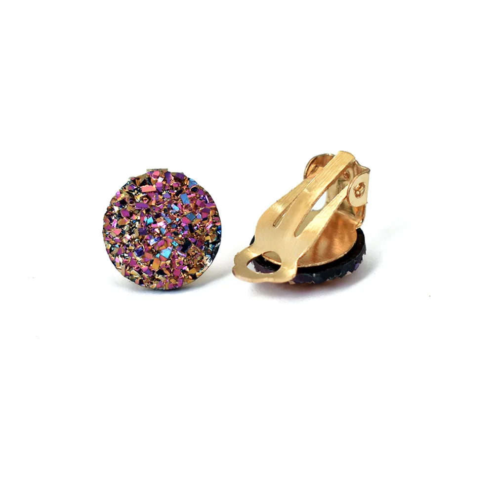 Female Jewelry Gold Color Ear Clip Earing For Women White Green Round Resin Cuff Earrings Without Piercing Druzy Earring - Окраска металла: color 2