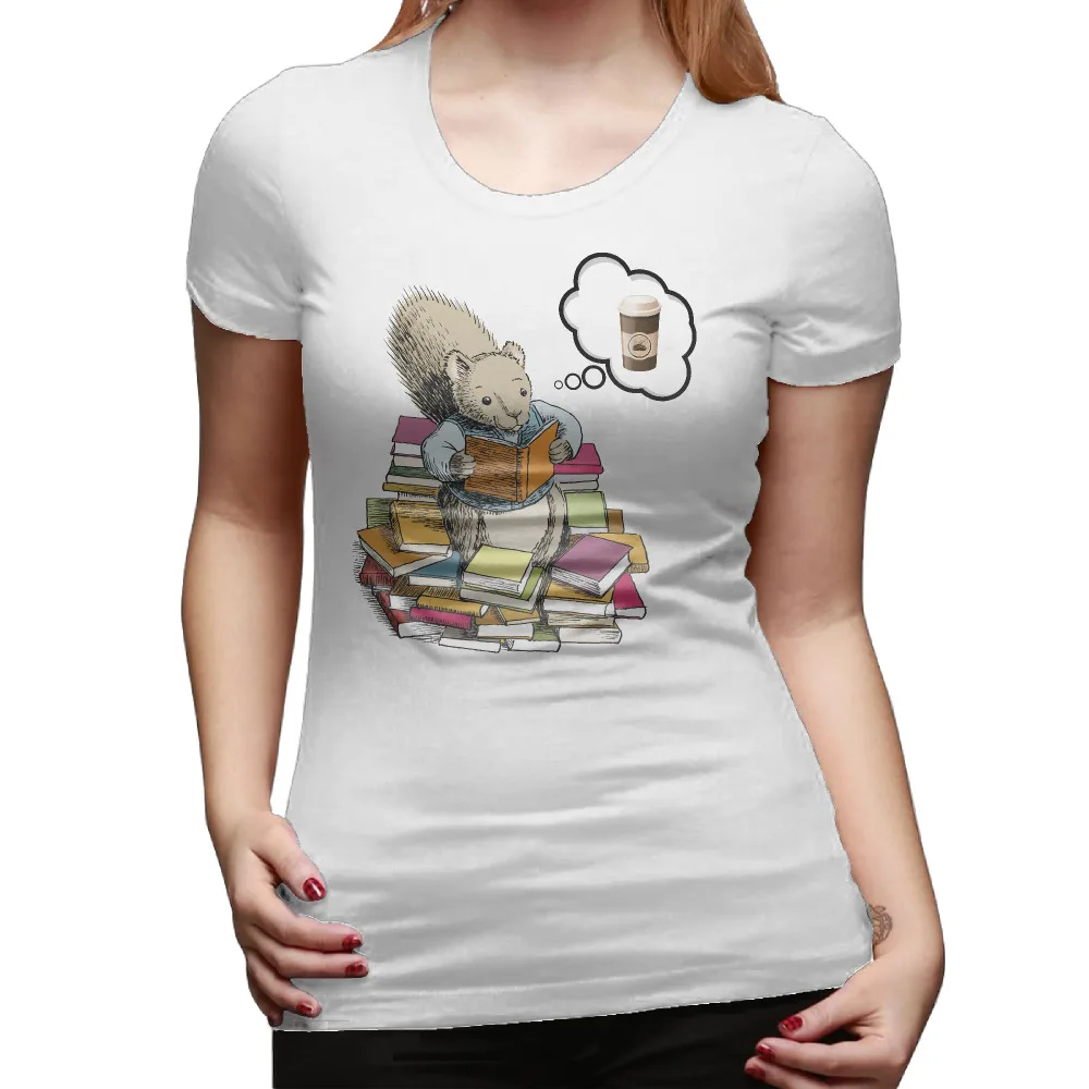 Cool Style Cute Squirrel Loves Coffee T Shirts Women Fitness Cotton Euro Size Woman t-shirt Short Sleeve Books Womens Tops Tee | Женская