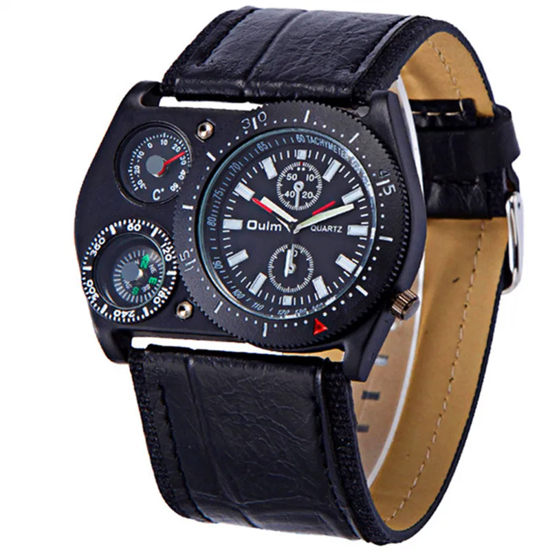 

2018 New Arrival Oulm Brand Watches Mens Leather Wide Strap Analog Quartz Wrist Watch Compass Thermometer Military Clock Male