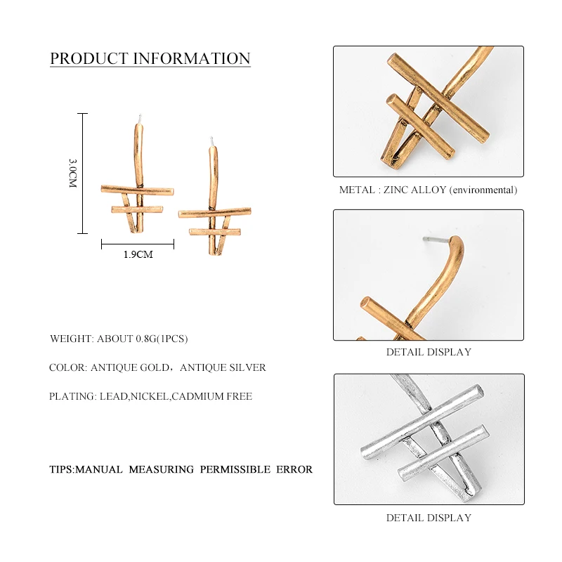 Женские Геометрические выдалбливают серьги гвоздики в ретро стиле из цинкового