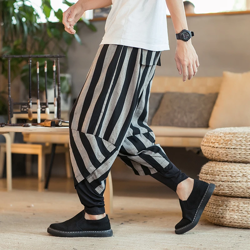

2020 Spring Autumn New Harem Pants Men Chinese Style Cotton Linen Striped Jogger Pants Men Hip Hop Casual Men Trousers