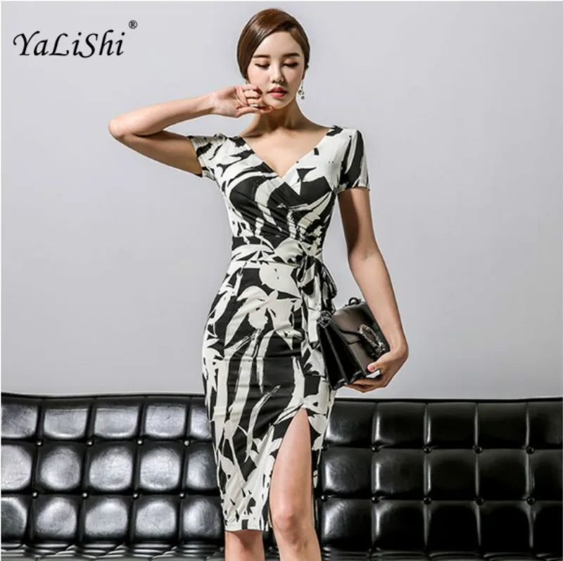 Женское облегающее Платье До Колена повседневное платье с принтом и v образным