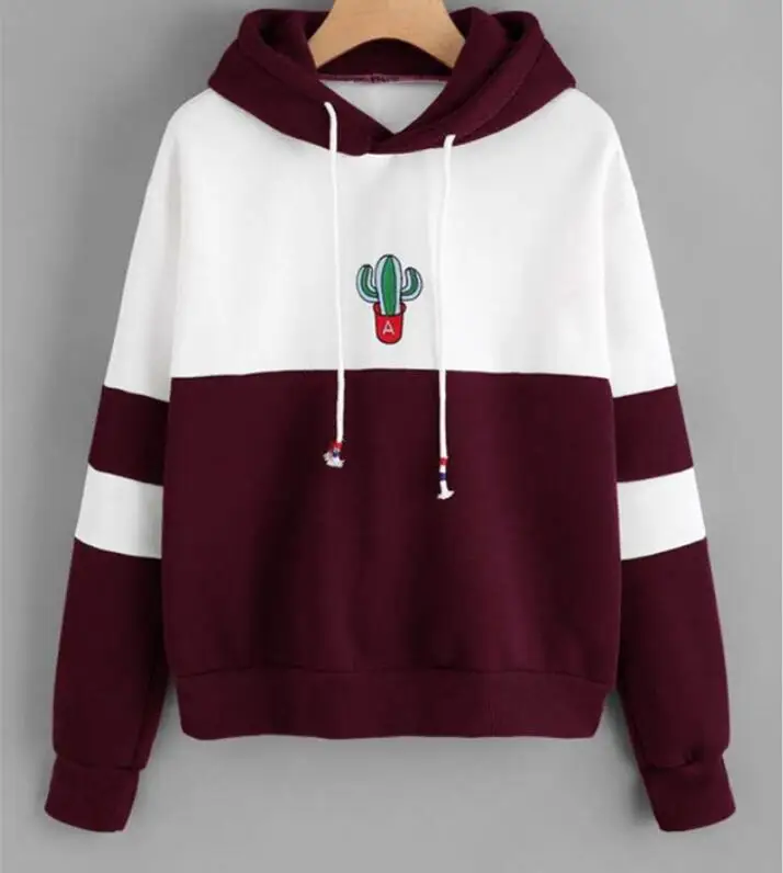 red sweatshirt Свитшот Спортивная Кактус Принт Лоскутный Полосатый Женщина Худи Повседневный Уличный Стиль Цветной Блок Кофта С Капюшоном Длинный Рукав Оверсайз Каваи Милый Полувер Толстовка Капюшон Винный Красный Зеленый Черный - Цвет: red sweatshirt