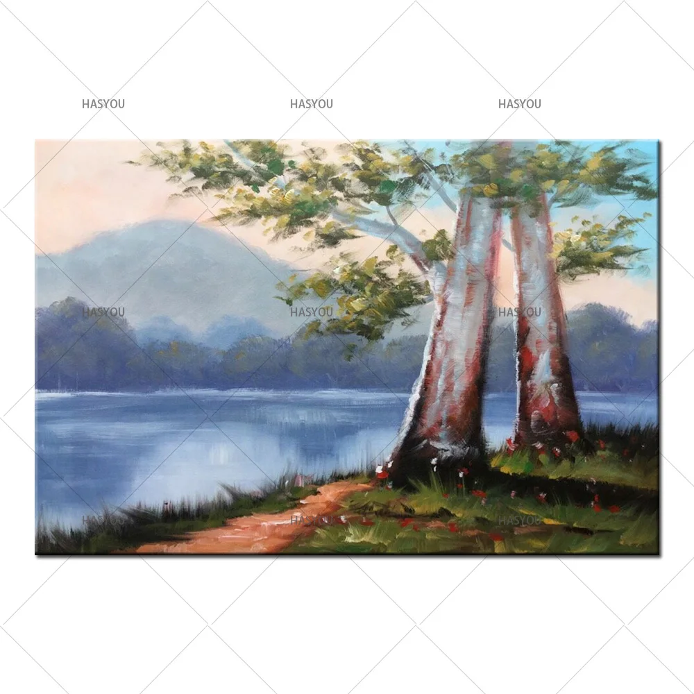 

Handpainted Modern tree river and mountain Wall Painting Pretty Tree Scenery Oil Painting On Canvas Wall Decor Home Decoration