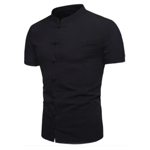 Men Slim Causal Fit Chinese Traditional Style Shirts Short Sleeve Casual shirt Solid Color Stand Neck | Мужская одежда