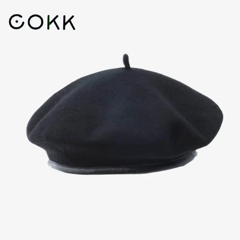 Женский шерстяной берет COKK однотонный из искусственной кожи с плоской подошвой
