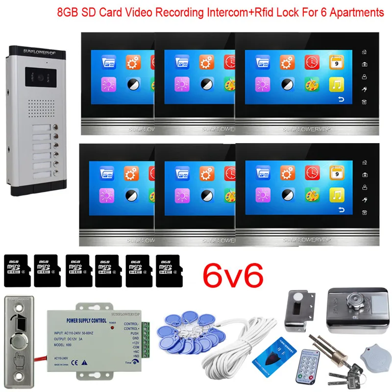 SF520-V7OKM-RF-6V6 Для 4 квартиры видеозапись Проводной Домашний видеодомофон Rfid замок видеофон 8 Гб " sd-карта внутренний монитор 4 единицы домофона - Цвет: SF520-V7OKM-RF-6V6