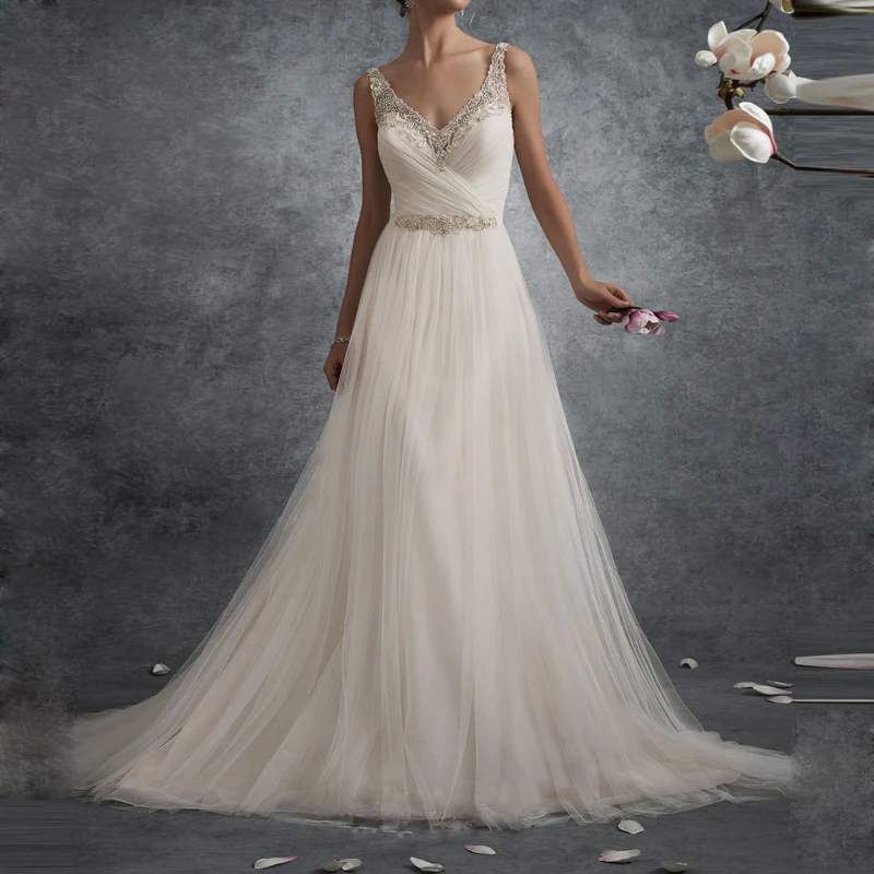 2017 Simple A-Line Wedding Dress V-Neck Sleeveless Tulle Bridal Beading Appliques Bride Gown Deep V-back | Свадьбы и торжества