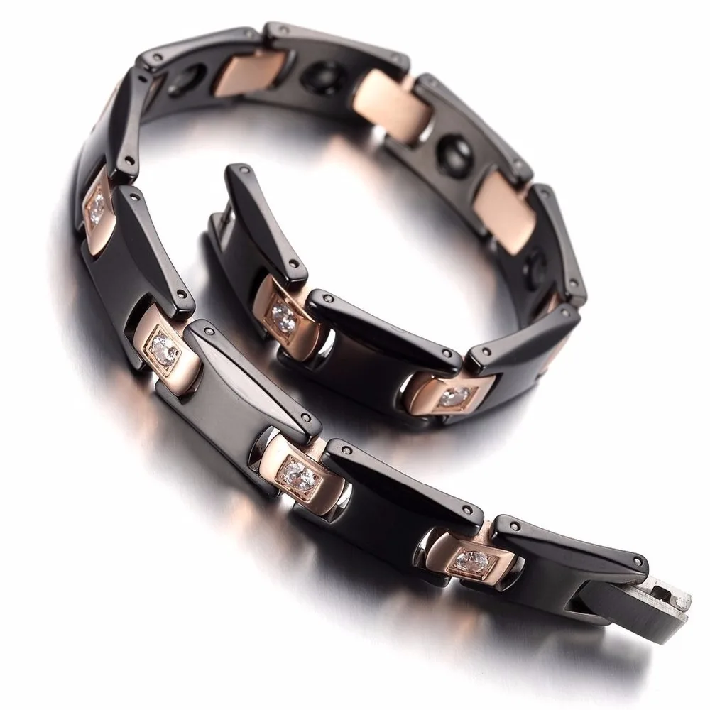 Hottime Black Negative Ion Ceramic Rose Golden Healthy Magnetic Bracelet Bangle Bio Elements Germanium Bracelets Couple Jewelry|germanium