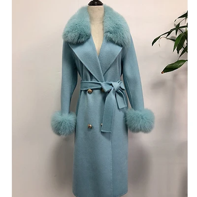 sky blue Для женщин Зимняя шерстяная одежда пальто Теплый Slim Fit Мода Повседневное Офисные женские туфли смеси женщина куртка меховой капюшон хаки плюс Размеры - Цвет: sky blue